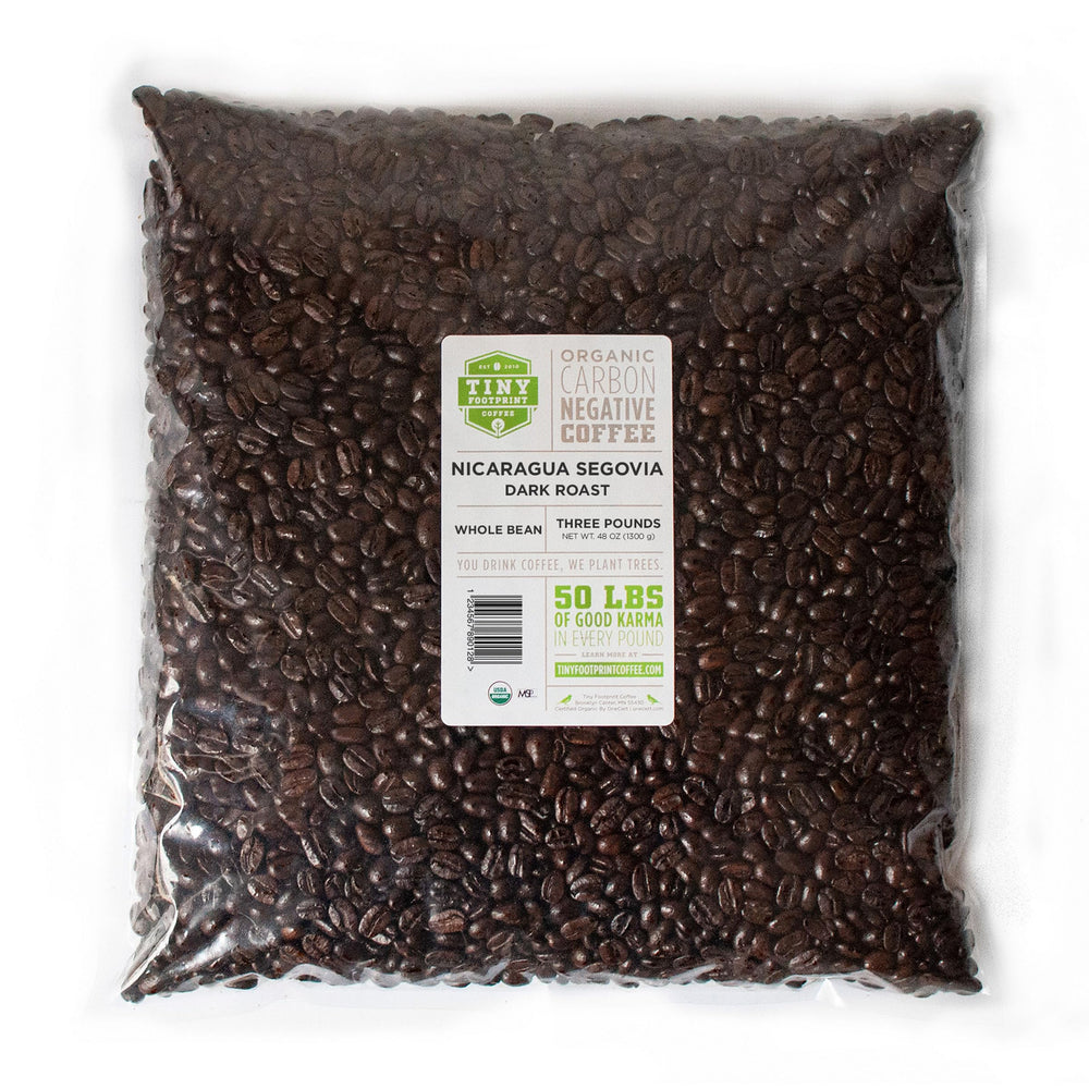 Tiny Footprint Coffee Nicaragua Segovia dark roast beans for a bold morning cup