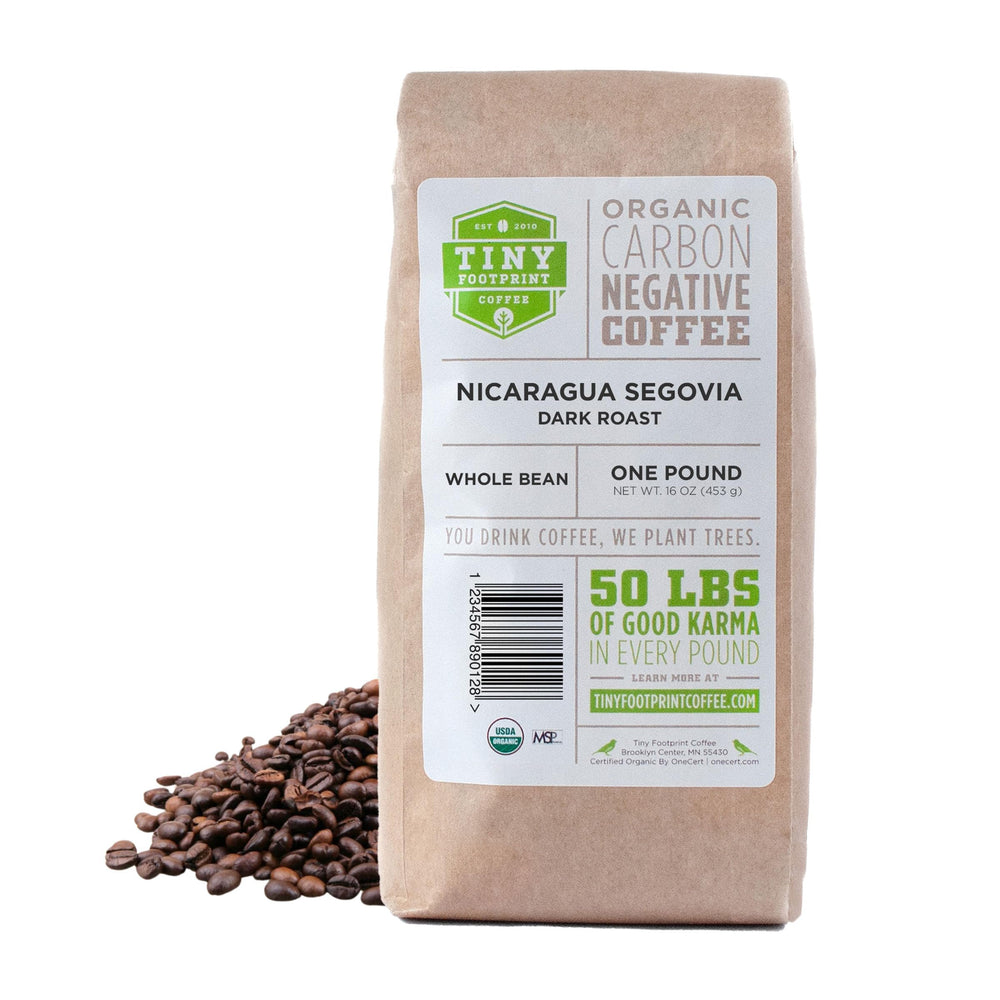 Tiny Footprint Coffee organic Nicaragua Segovia bag highlighting sustainable farming and fair trade.