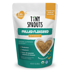 Tiny Sprouts Organic flaxseed bottle open highlights omega-3 boost for growing brains.