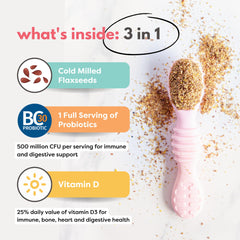 Tiny Sprouts flaxseed powder being scooped into a smoothie for kid-friendly nutrition.