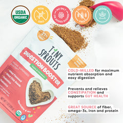 Close-up of Tiny Sprouts packaging showing easy-to-mix fiber.