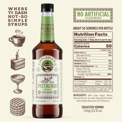 Tippleman's Pistachio Créme Syrup is poured over a latte, highlighting nutty notes.