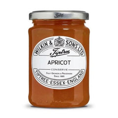 Tiptree Apricot Preserve label detail showing gluten-free and vegan notes.