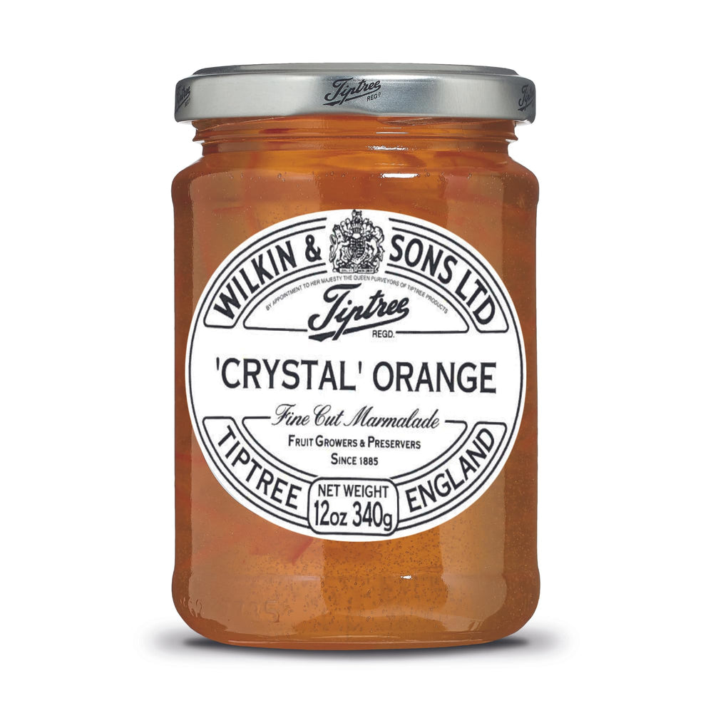 Tiptree Crystal Orange Marmalade bottle closeup with glossy jelly and orange chunks