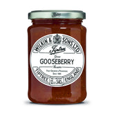 Tiptree Green Gooseberry Preserve jar close-up highlights premium ingredients and artisan craft.