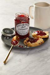 Tiptree Strawberry Preserve jar side view with label and ingredients detail