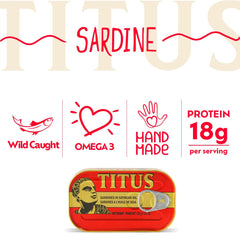 TITUS sardines close-up show tender fillets in oil, great for recipes.