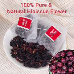Tiucm hibiscus tea bags closeup showing vivid red infusion