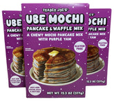 TJ's Ube Mochi Pancake & Waffle Mix pack on kitchen counter, quick breakfast solution.