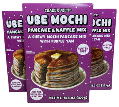TJ's Ube Mochi Pancake & Waffle Mix pack on kitchen counter, quick breakfast solution.