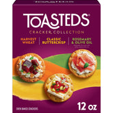 Toasteds Harvest Wheat crackers beside cheeses for elegant entertaining.