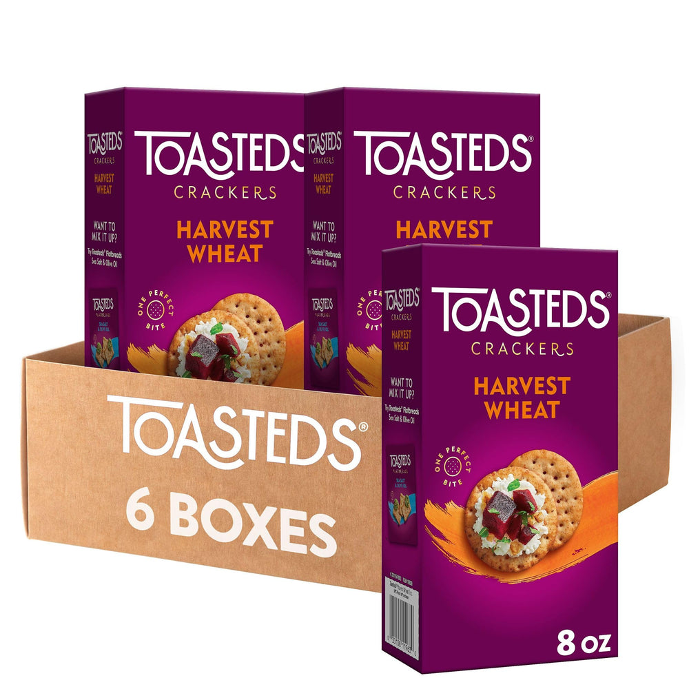 Toasteds Harvest Wheat Crackers in packaging, pantry staple for snacking