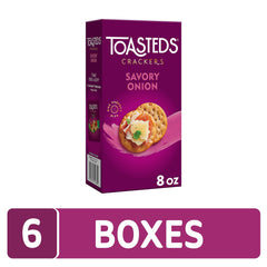 Toasteds Savory Onion crackers served as a kid-friendly snack with peanut butter