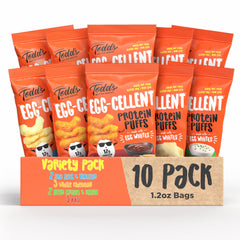 Todd's Egg-Cellent Protein Puffs variety pack for convenient high-protein snacking.