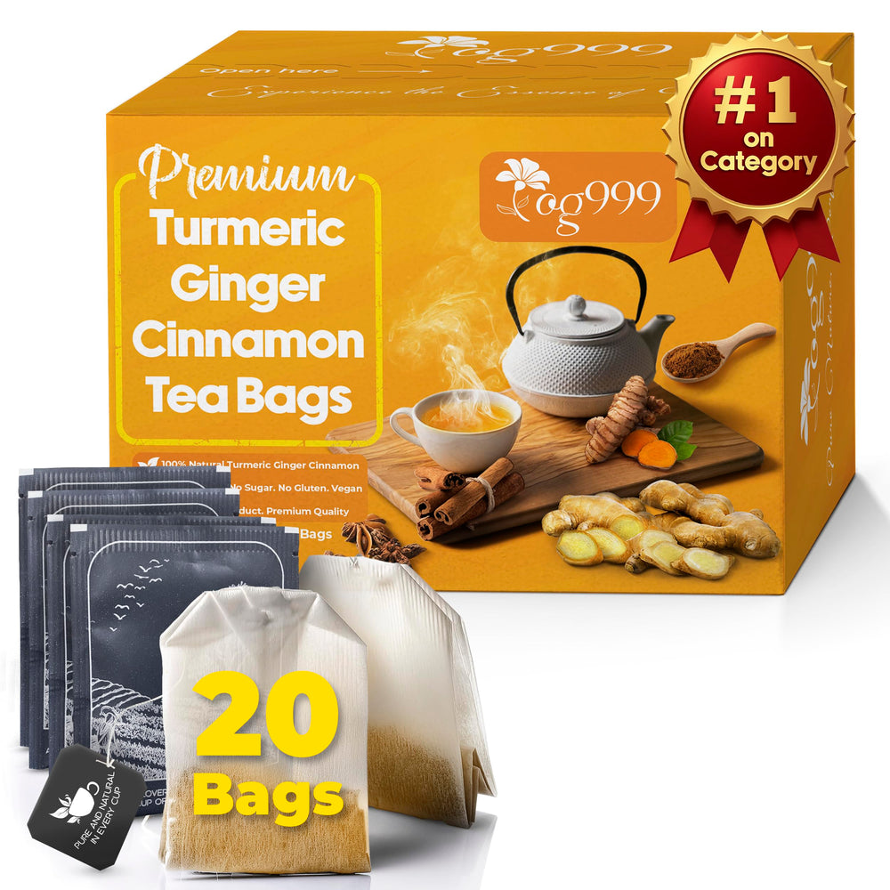 TOG999 premium 20 tea bags in eco-friendly packaging showing a natural turmeric-ginger-cinnamon blend
