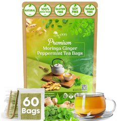 TOG999 premium moringa-ginger-peppermint tea bags displaying caffeine-free option