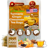 TOG999 turmeric ginger cinnamon tea bag against white backdrop, a natural blend for digestion and calm