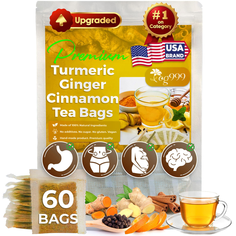 TOG999 turmeric ginger cinnamon tea bags ready for a soothing caffeine-free cup.