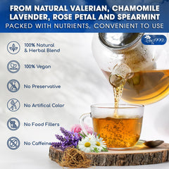 TOG999 Valerian Dream Tea Brew cup steaming suggests relaxing, caffeine-free rituals.