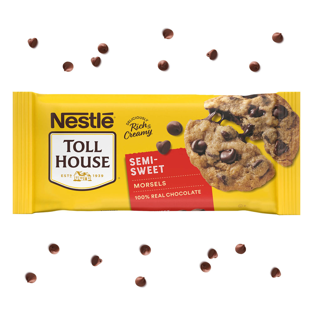 Nestle Toll House semi-sweet chips bag shown for cookies and desserts, versatile baking essential