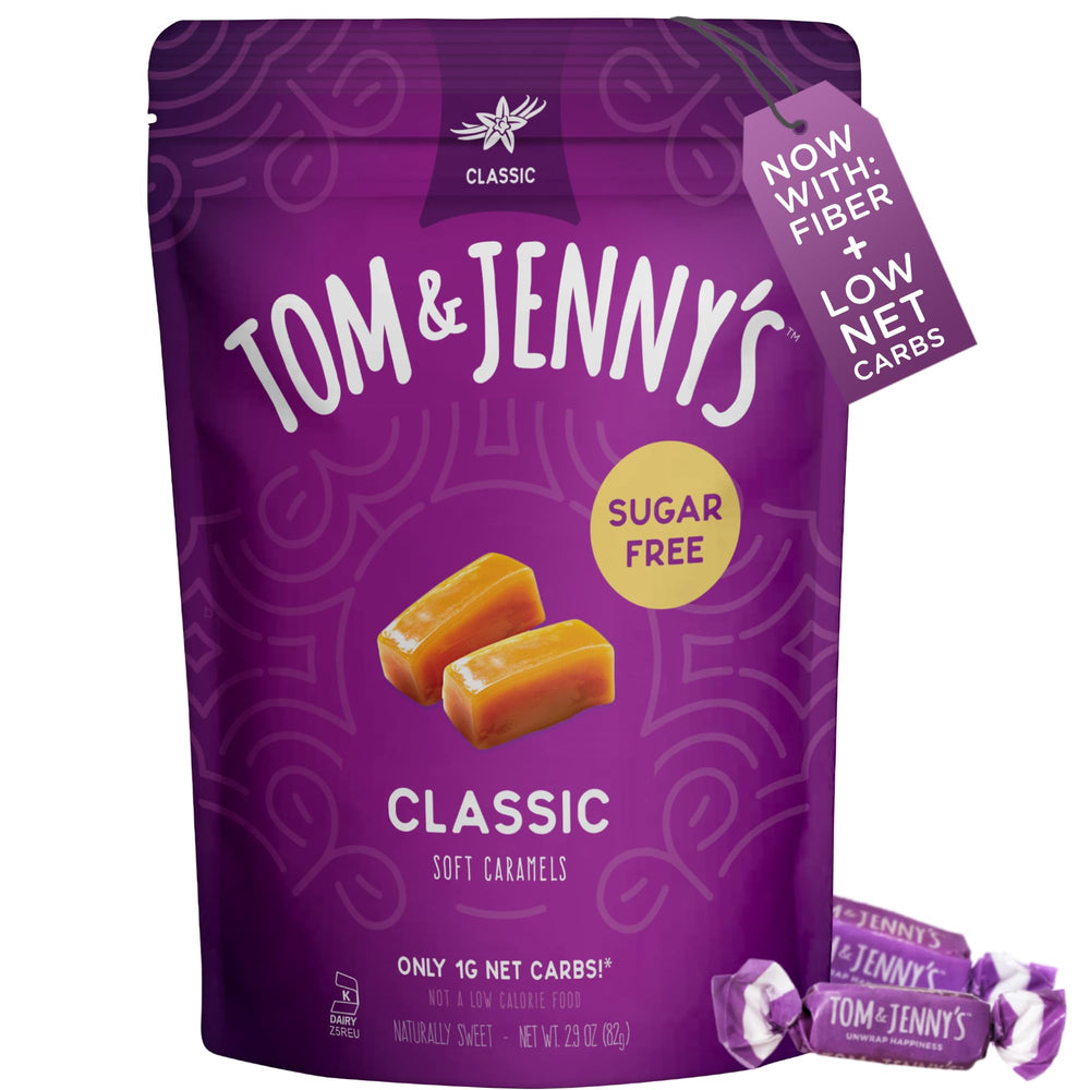Tom & Jenny's sugar-free caramel packaging, gift-ready for sugar-conscious shoppers.