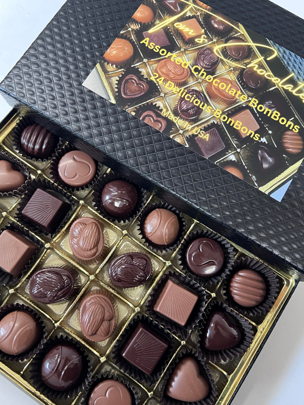 Tom's Chocolates Belgian gift box bonbons displayed for gifting and sharing