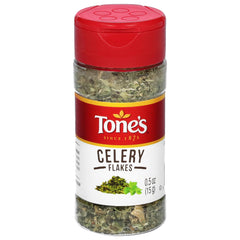 Tone's Celery Flakes bottle front, vibrant flakes for easy seasoning.