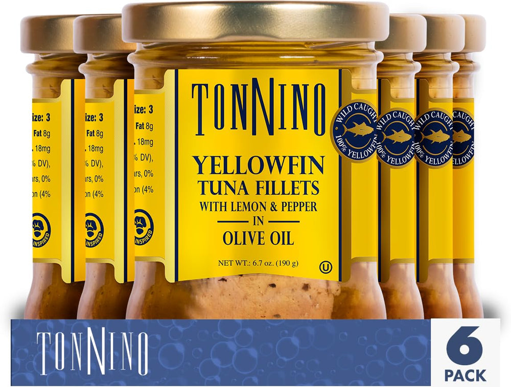Tonnino yellowfin tuna lemon pepper in olive oil in a glass jar, ready-to-eat protein