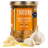 Tonnino Yellowfin Tuna in olive oil and garlic jar highlights premium taste for quick salads.