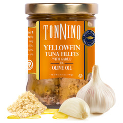 Tonnino Yellowfin Tuna in olive oil and garlic jar highlights premium taste for quick salads.