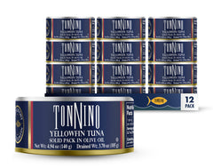 Tonnino Yellowfin Tuna in Olive Oil pack-12 cans for pantry staple.