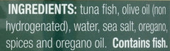 Tonnino Yellowfin tuna with oregano can label emphasizes natural ingredients.