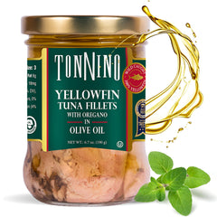 Tonnino Yellowfin Tuna oregano in olive oil jar, convenient ready-to-eat protein snack