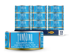 Tonnino Yellowfin Tuna in Spring Water pack of 12 cans on display, ideal for stocking up.