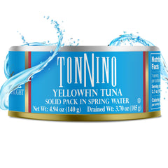 Tonnino Yellowfin Tuna in Spring Water flaked tuna close-up demonstrates light texture.