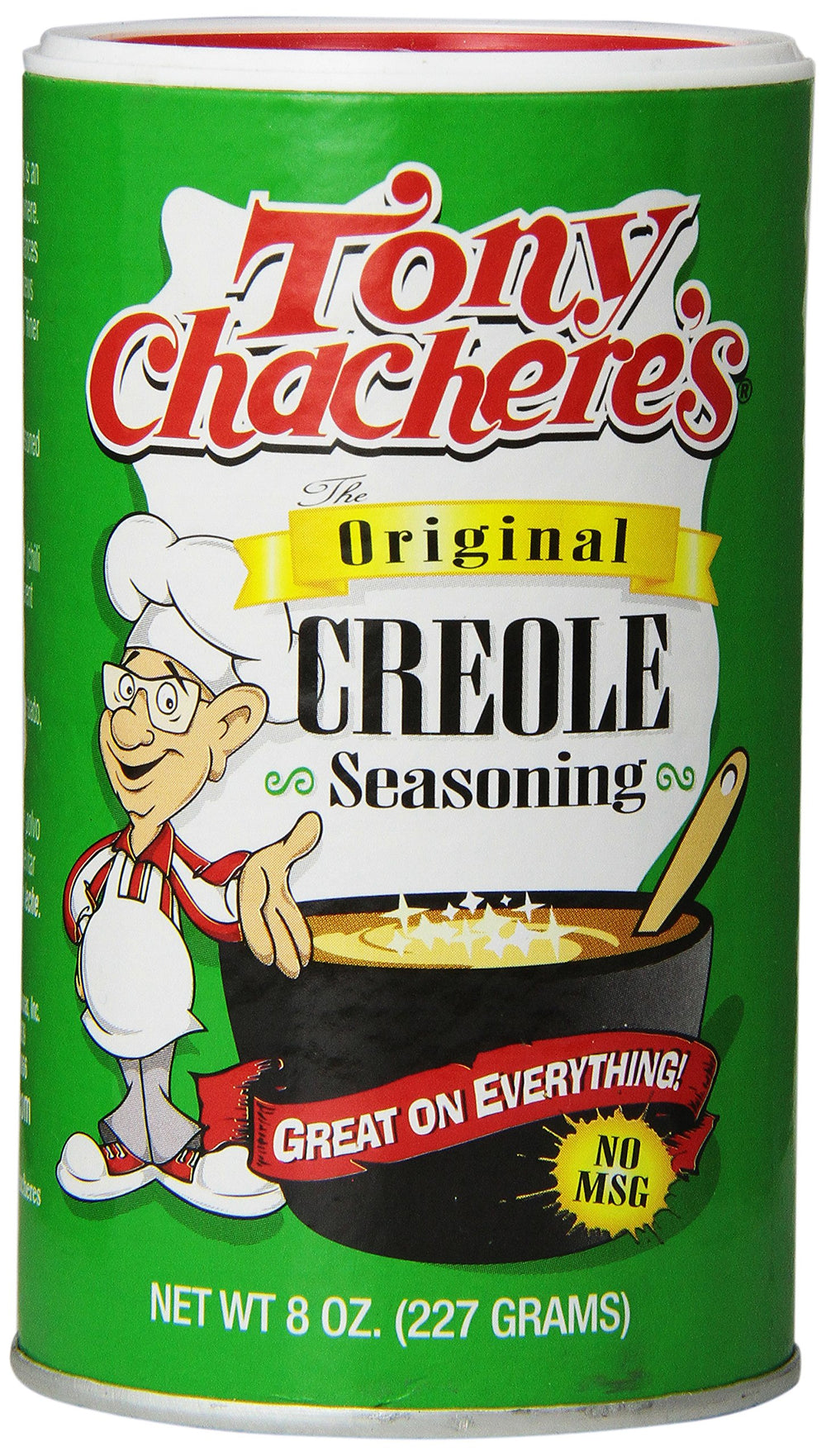 Tony Chachere's Original Creole Seasoning bottle adds bold flavor to meats and seafood.