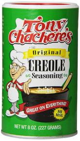 Tony Chachere's Original Creole Seasoning bottle adds bold flavor to meats and seafood.