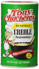 Tony Chachere's Original Creole Seasoning bottle adds bold flavor to meats and seafood.