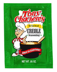Close-up of Tony Chachere's Creole Seasoning packet showing bold blend