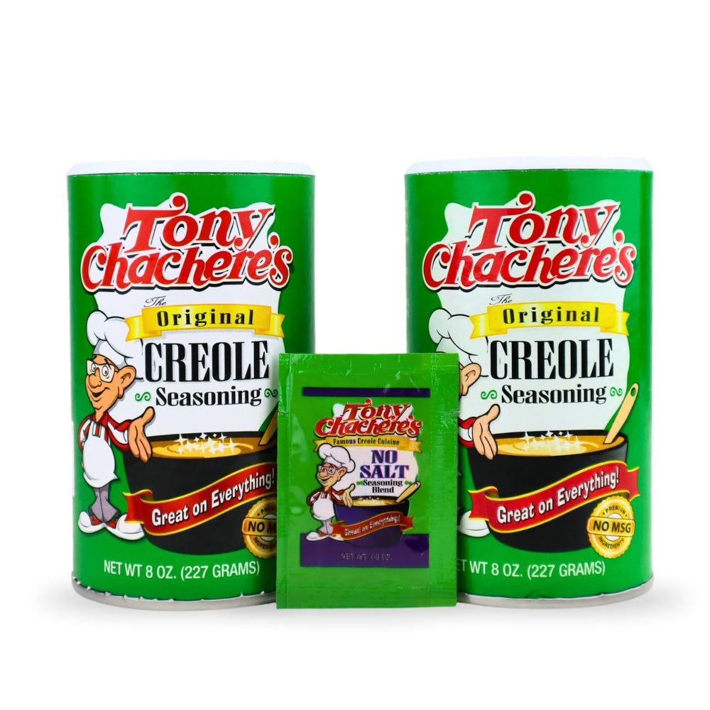 Tony Chachere's creole seasoning canister enhances grilled meats with bold flavor and no-salt option.