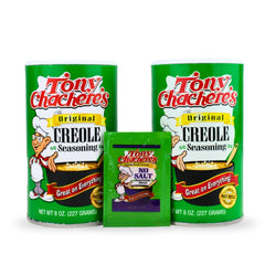 Tony Chachere's creole seasoning canister enhances grilled meats with bold flavor and no-salt option.