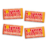 Tony’s Chocolonely milk chocolate bar with caramel and sea salt, rich and shareable snack.