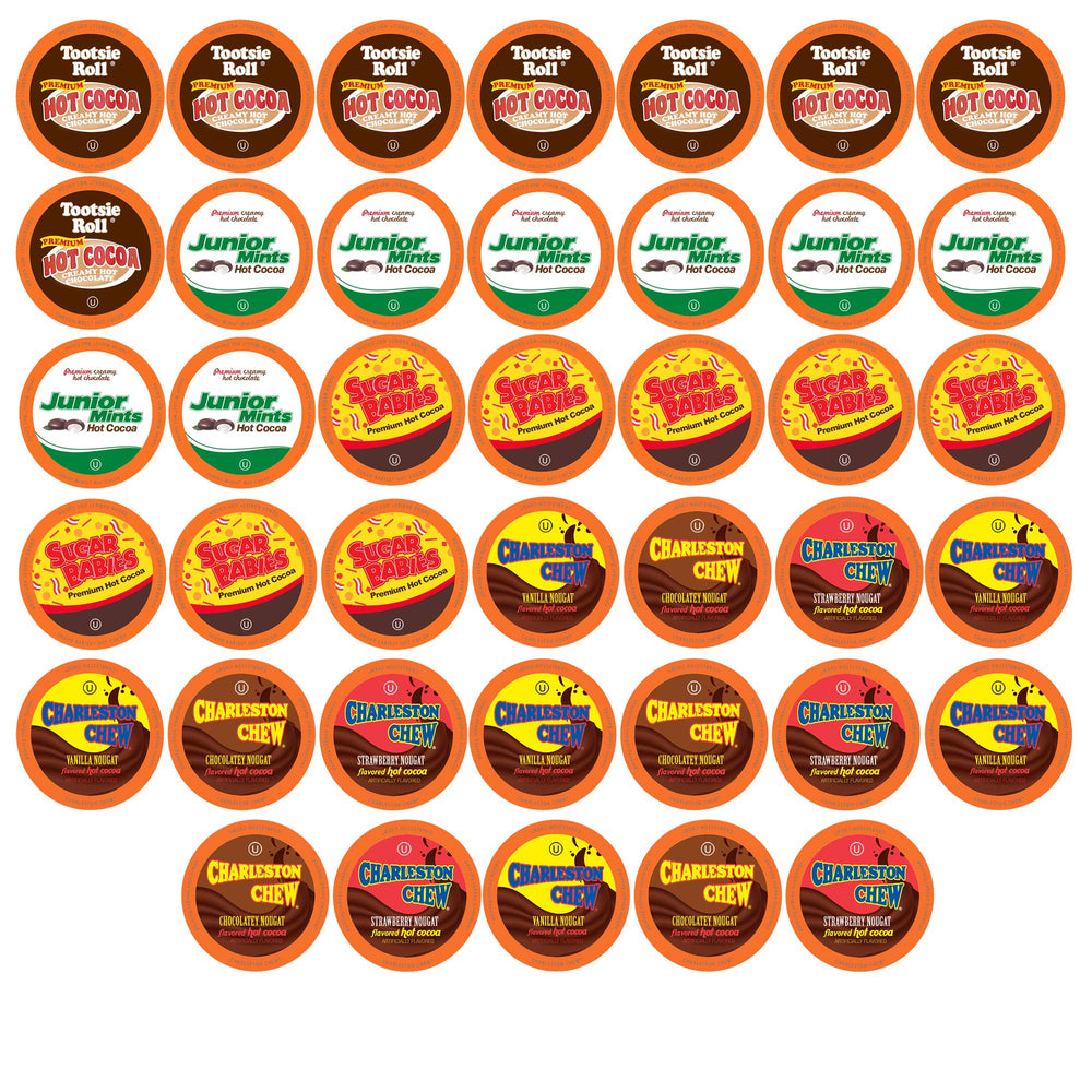 Tootsie Roll candy hot chocolate pods in a 40-count box for quick indulgent cups.