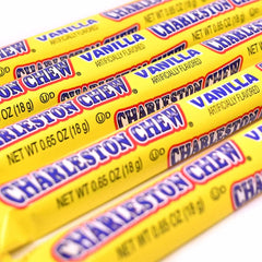Tootsie Roll Charleston Chew vanilla nougat texture with chocolate coating detail.