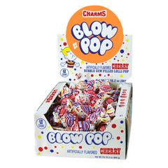 Tootsie Roll Charms Blow Pop cherry shell with gum center for a playful treat.