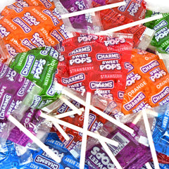 Tootsie Roll Charms Sweet Pops label highlights kosher, peanut-free, gluten-free attributes.
