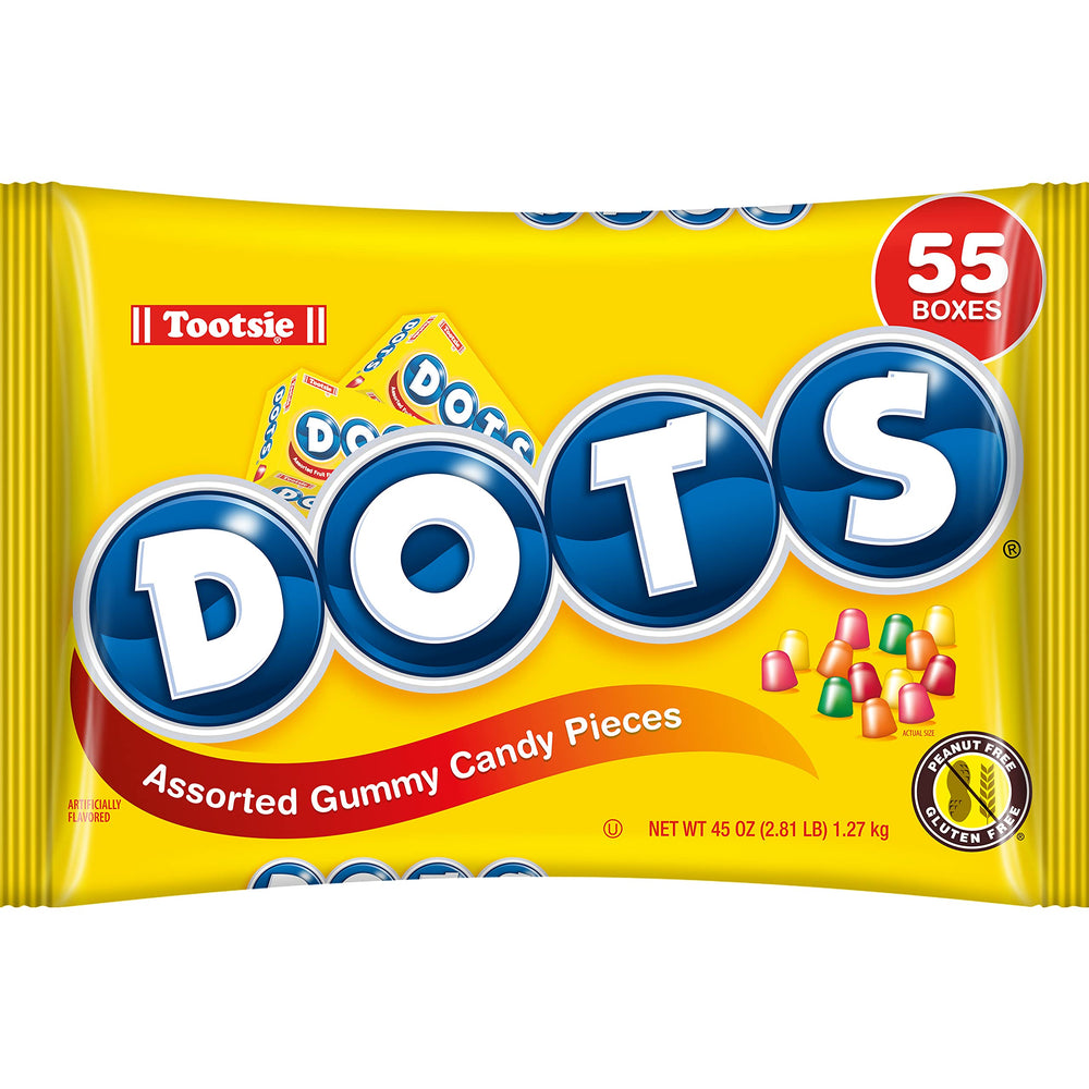 Tootsie Roll DOTS original gummy candies 55ct mini boxes for convenient snacking.