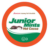 Tootsie Roll Junior Mints Hot Chocolate Pods box front showcasing convenient single-serve cocoa