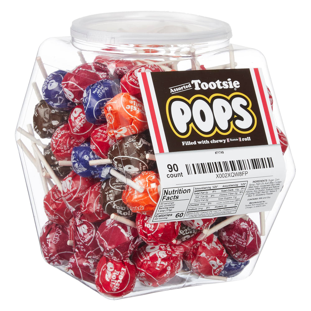 Tootsie Roll Pops bulk tub front view shows 90 lollipops for party buffets.