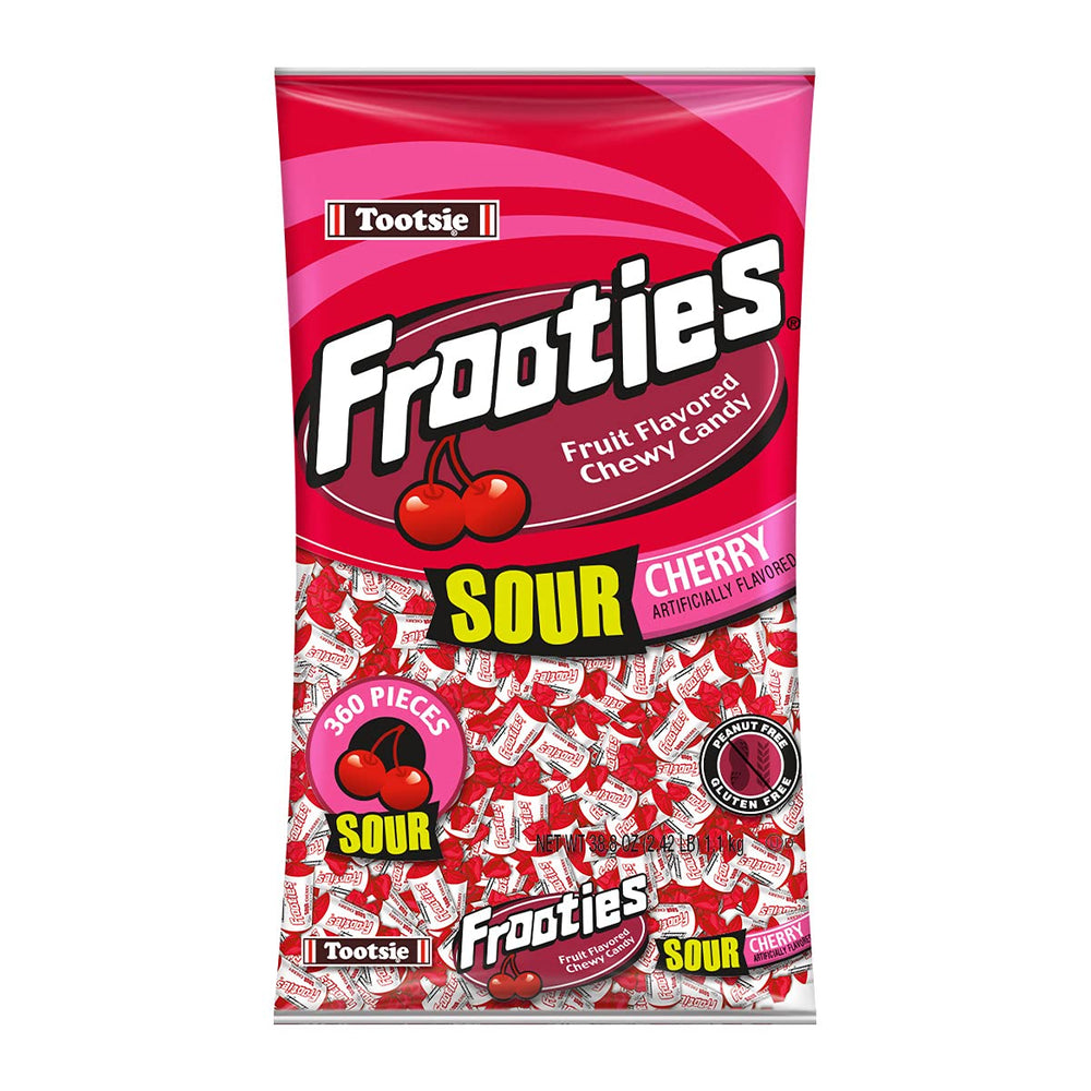 Tootsie Roll Sour Frooties bag with red Sour Cherry candy for party favors